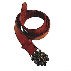 Beautiful Brown Leather Belt With Gorgeous Flower Buckle